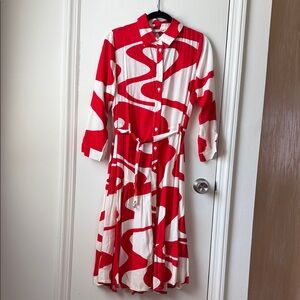 Zara Red and White Swirl Long Sleeve Dress